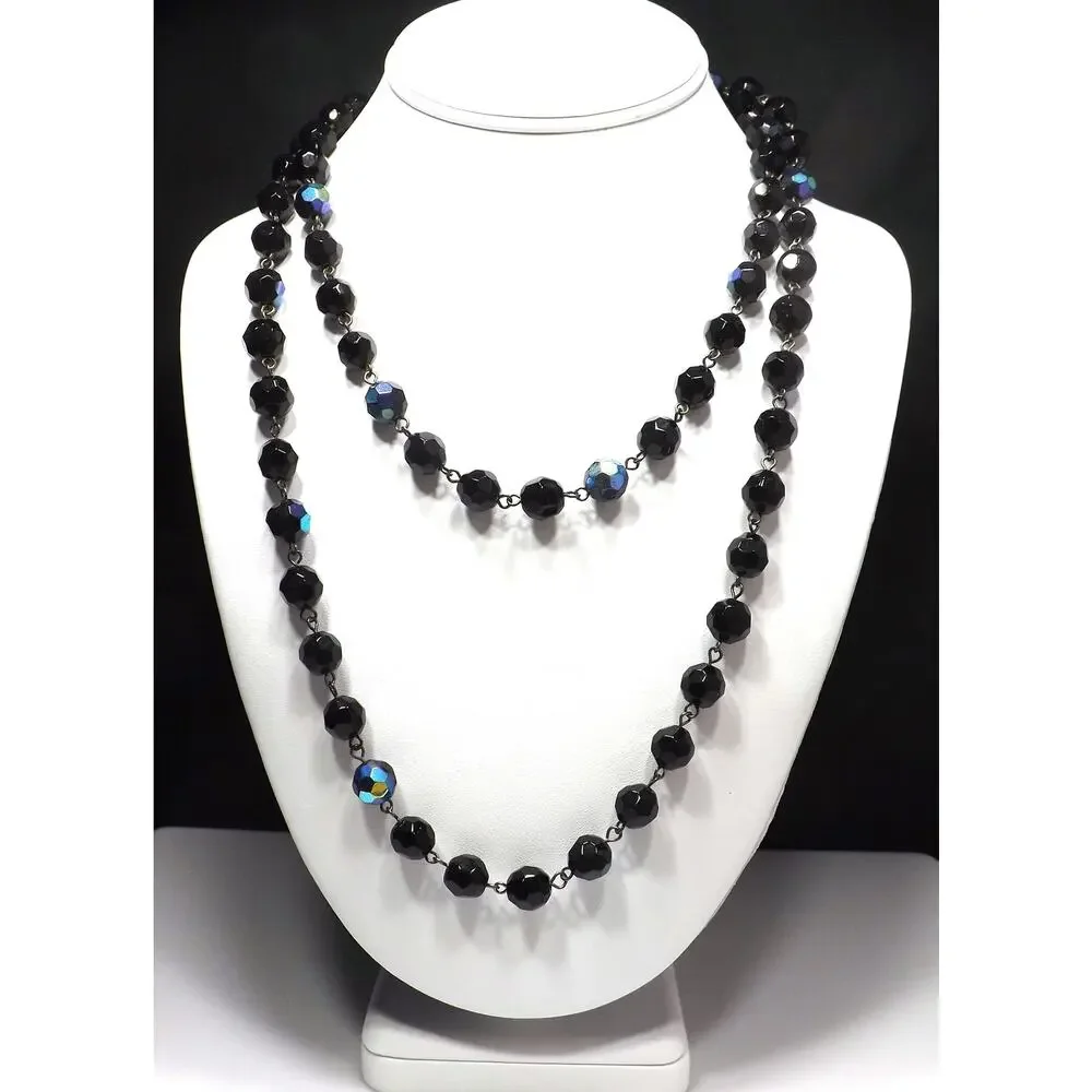 Long Black Crystal Beaded Necklace, Aurora Borealis, No Clasp, 1970s Vintage